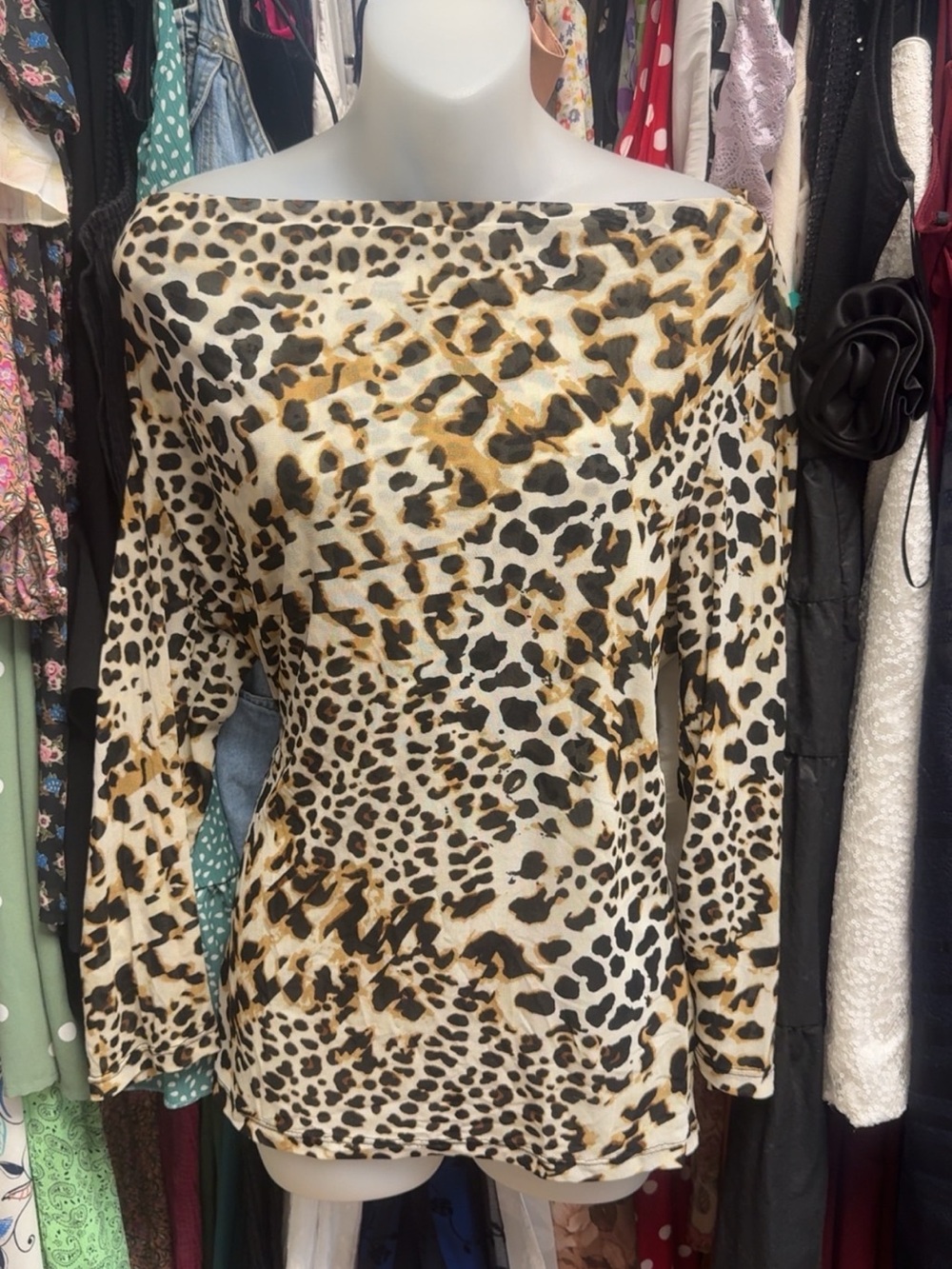 Y2K Cable & Gauge Leopard Print Off-Shoulder Women's Sweater - Neutral